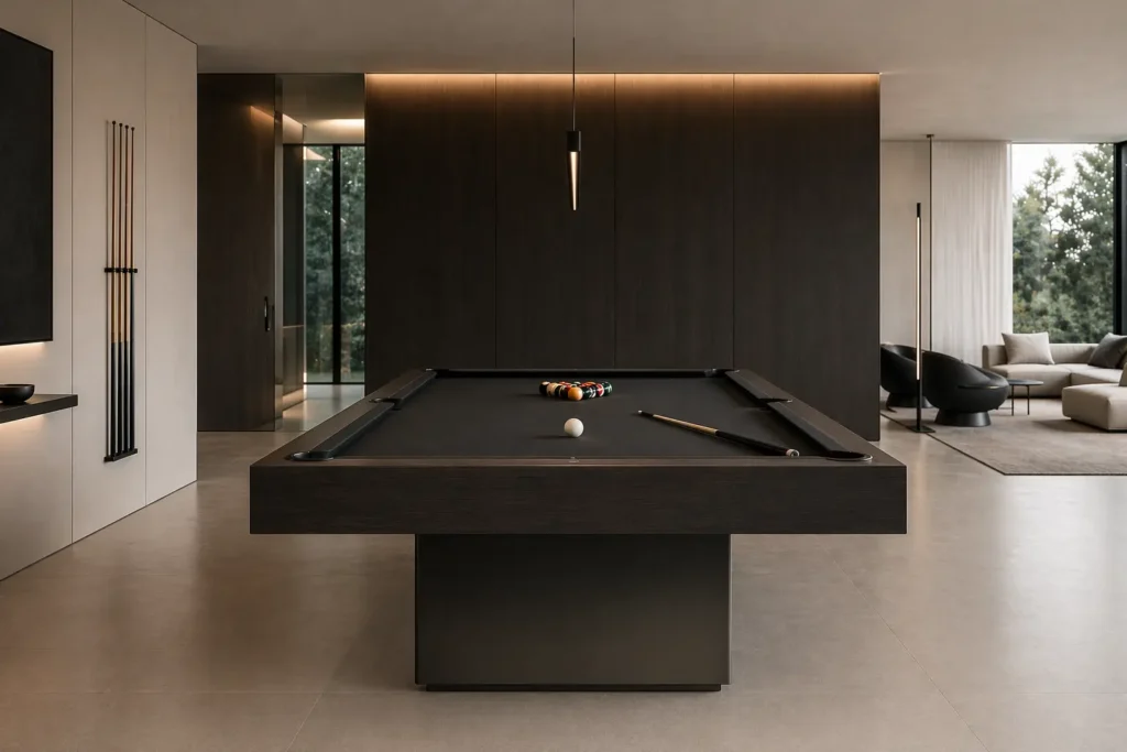Black luxury pool table with billiard balls in a sophisticated dark interior.