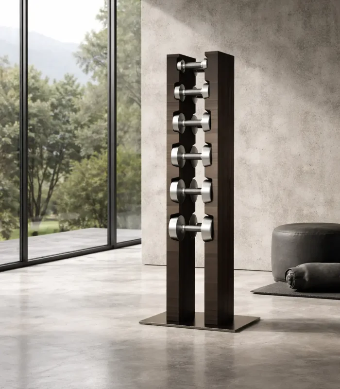 Modern wooden pool cue rack with metallic holders displayed in a luxury interior beside floor-to-ceiling windows and a concrete wall.